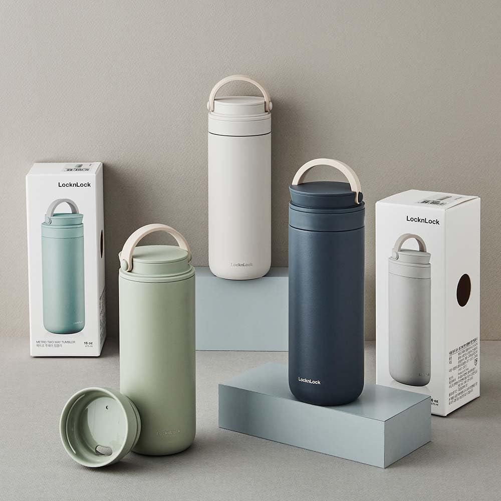 image:imageLocknLock Metro 2Way Tumbler Water Bottle DoubleWall Vacuum Insulated Stainless Steel with Lid and Hand Strap for Travel Hot and Cold Drinks Leakproof Portable 16oz MintMint