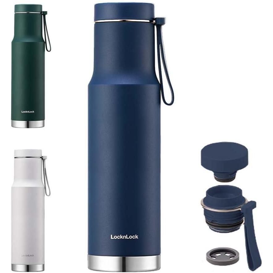 image:imageLocknLock Metro Edge Tumbler Water Bottle DoubleWall Vacuum Insulated Stainless Steel with Lid and Hand Strap for Travel Hot and Cold Drinks Leakproof Lightweight Portable 21oz Navy BlueBlue