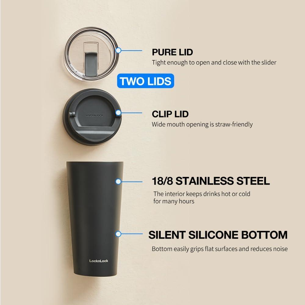 image:imageLocknLock Clip Tumbler Black 18oz Coffee Tumbler with Leak Proof Lid BPAFree Double Wall Stainless Steel Vacuum Insulated Travel Mug Cup for Hot amp Cold BeverageYellowish Red