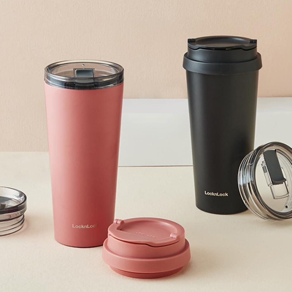 image:imageLocknLock Clip Tumbler Black 18oz Coffee Tumbler with Leak Proof Lid BPAFree Double Wall Stainless Steel Vacuum Insulated Travel Mug Cup for Hot amp Cold BeverageYellowish Red