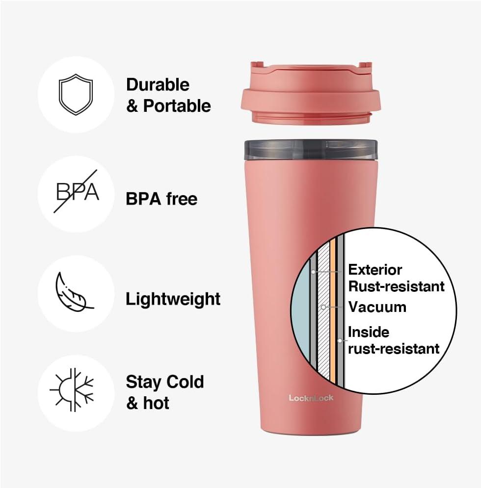 image:imageLocknLock Clip Tumbler Black 18oz Coffee Tumbler with Leak Proof Lid BPAFree Double Wall Stainless Steel Vacuum Insulated Travel Mug Cup for Hot amp Cold BeverageBlack