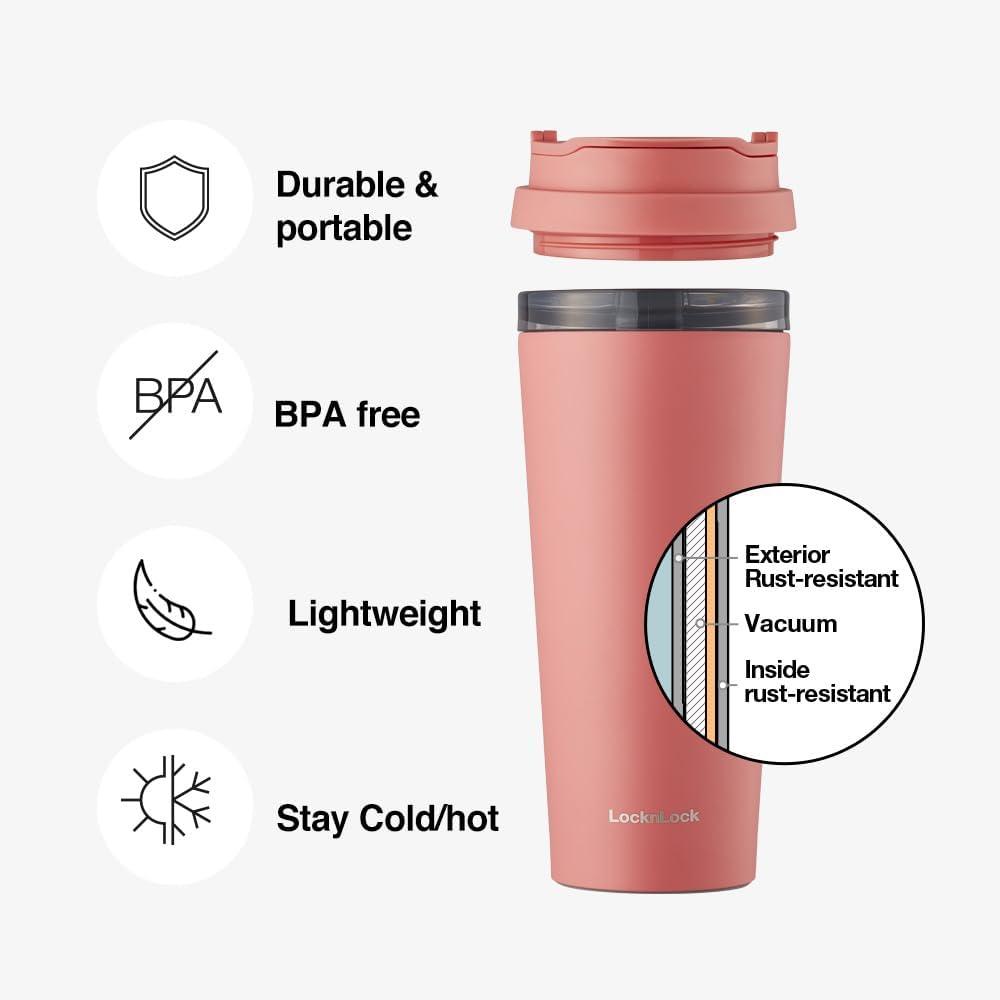 image:imageLocknLock Clip Tumbler Black 18oz Coffee Tumbler with Leak Proof Lid BPAFree Double Wall Stainless Steel Vacuum Insulated Travel Mug Cup for Hot amp Cold BeverageYellowish Red