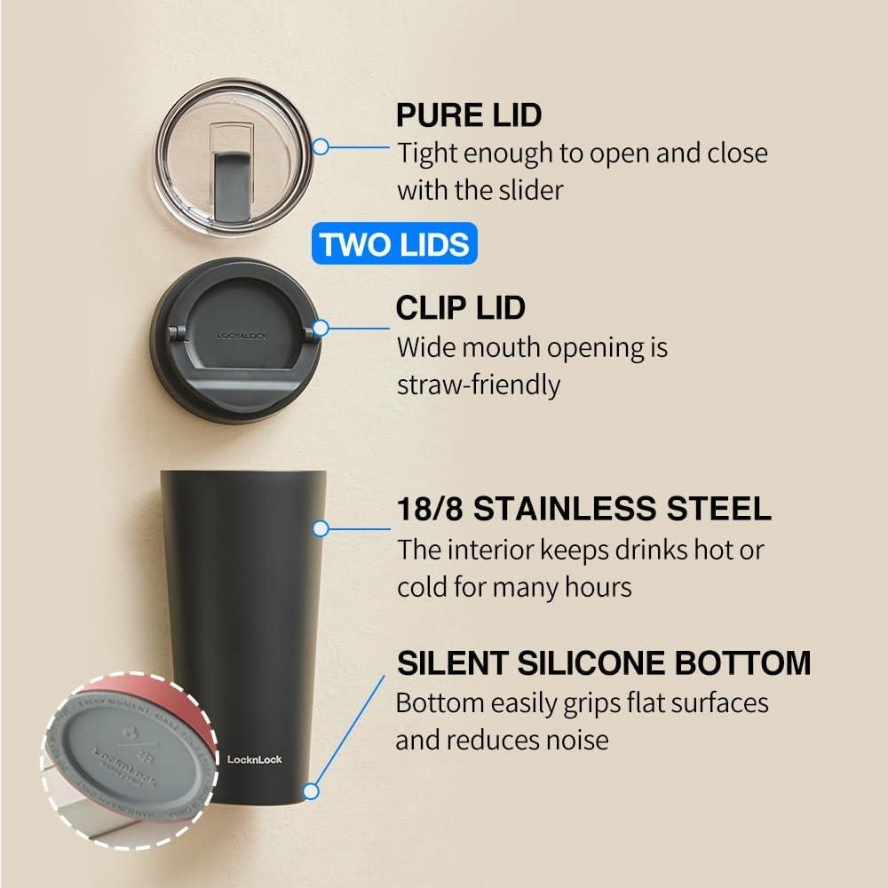 image:imageLocknLock Clip Tumbler Black 18oz Coffee Tumbler with Leak Proof Lid BPAFree Double Wall Stainless Steel Vacuum Insulated Travel Mug Cup for Hot amp Cold BeverageBlack