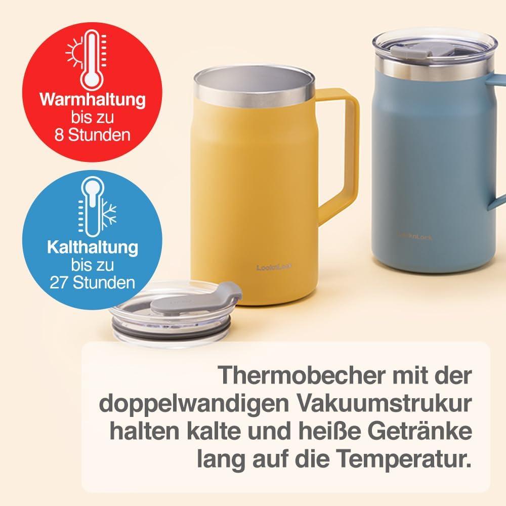 image:imageLocknLock Metro Mug Premium 188 Stainless Steel Metal Double Wall Insulated Portable Coffee Cup with Lid and Handle for Hot and Cold Drinks Mint 16 ozYellow