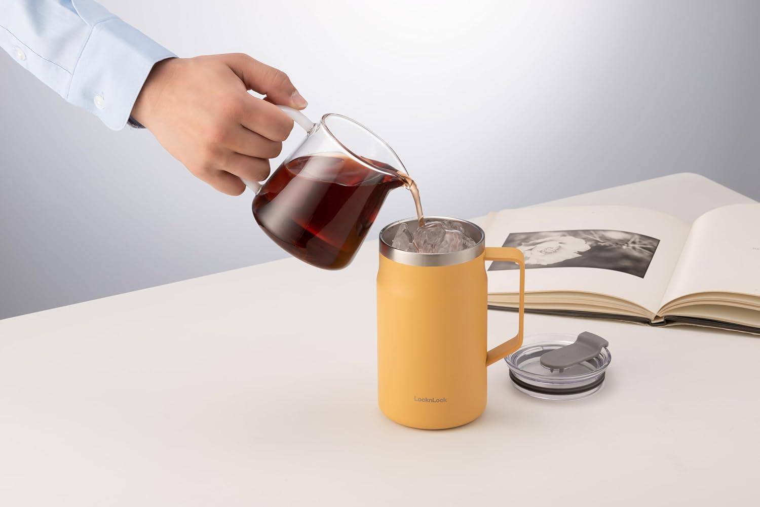 image:imageLocknLock Metro Mug Premium 188 Stainless Steel Metal Double Wall Insulated Portable Coffee Cup with Lid and Handle for Hot and Cold Drinks Mint 16 ozYellow