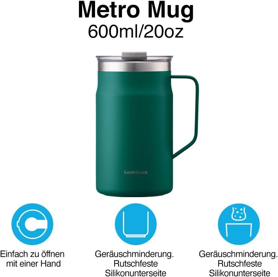 image:imageLocknLock Metro Mug Premium 188 Stainless Steel Metal Double Wall Insulated Portable Coffee Cup with Lid and Handle for Hot and Cold Drinks Mint 16 ozBlue