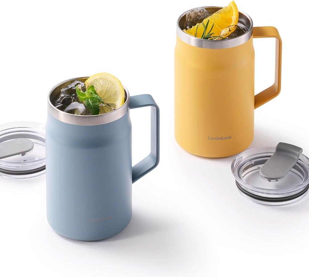 image:imageLocknLock Metro Mug Premium 188 Stainless Steel Metal Double Wall Insulated Portable Coffee Cup with Lid and Handle for Hot and Cold Drinks Mint 16 ozYellow