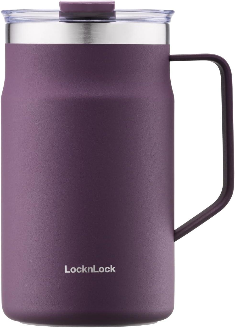 image:imageLocknLock Metro Mug Premium 188 Stainless Steel Metal Double Wall Insulated Portable Coffee Cup with Lid and Handle for Hot and Cold Drinks Mint 16 ozPurple