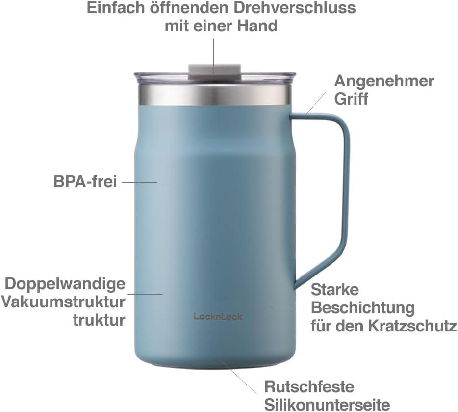 image:imageLocknLock Metro Mug Premium 188 Stainless Steel Metal Double Wall Insulated Portable Coffee Cup with Lid and Handle for Hot and Cold Drinks Mint 16 ozBlue
