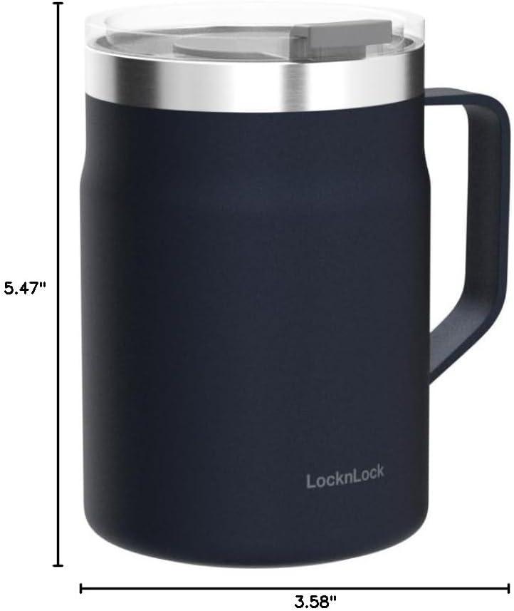 image:imageLocknLock Metro Mug Premium 188 Stainless Steel Metal Double Wall Insulated Portable Coffee Cup with Lid and Handle for Hot and Cold Drinks Mint 16 ozNavy