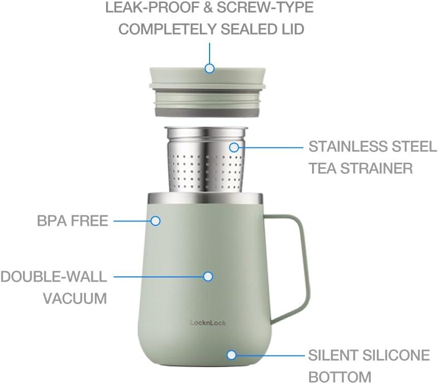 image:imageLocknLock Metro Tea Mug Mint 13oz400ml Tea and Coffee Mug Cups with Tea Infuser Strainer Lid and Handle Double Wall Stainless Steel Vacuum Insulated Travel TumblerIvory
