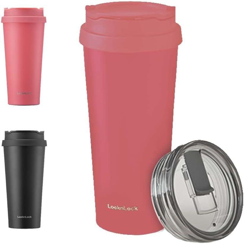 image:imageLocknLock Clip Tumbler Black 18oz Coffee Tumbler with Leak Proof Lid BPAFree Double Wall Stainless Steel Vacuum Insulated Travel Mug Cup for Hot amp Cold BeverageYellowish Red
