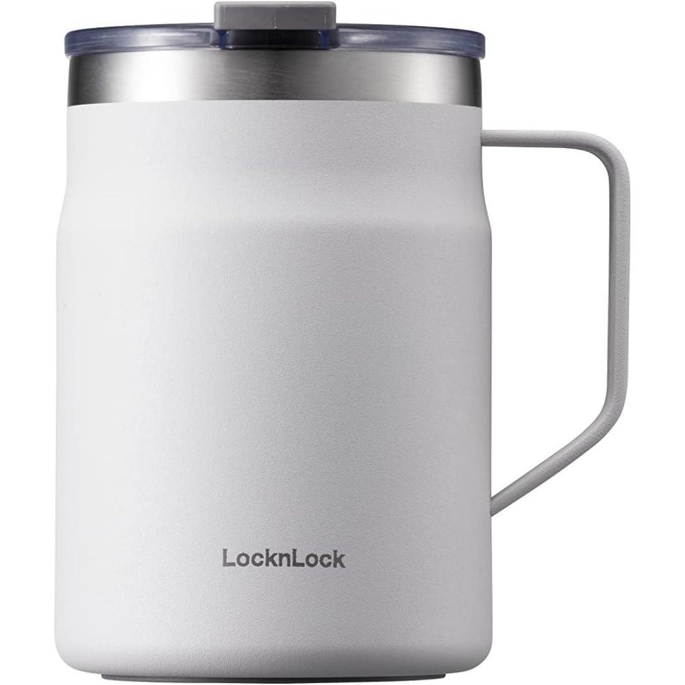 image:imageLocknLock Metro Mug Premium 188 Stainless Steel Metal Double Wall Insulated Portable Coffee Cup with Lid and Handle for Hot and Cold Drinks Mint 16 ozOffWhite