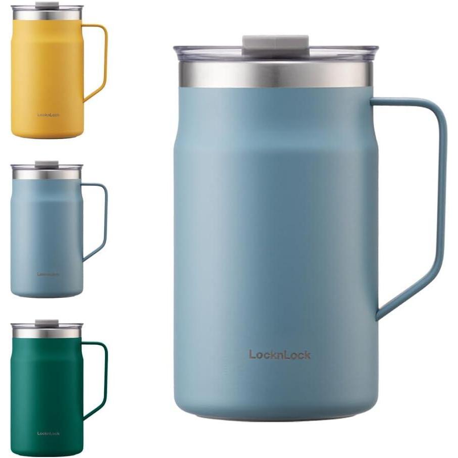 image:imageLocknLock Metro Mug Premium 188 Stainless Steel Metal Double Wall Insulated Portable Coffee Cup with Lid and Handle for Hot and Cold Drinks Mint 16 ozBlue
