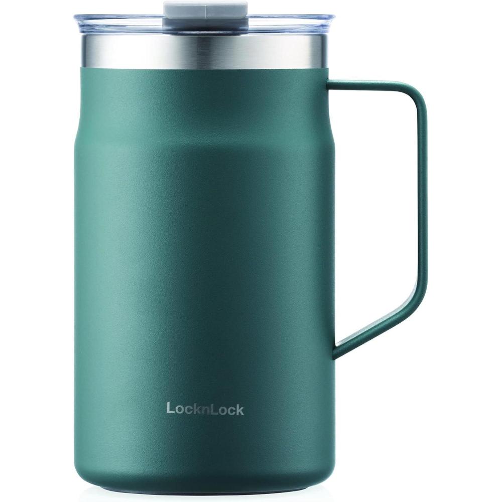 image:imageLocknLock Metro Mug Premium 188 Stainless Steel Metal Double Wall Insulated Portable Coffee Cup with Lid and Handle for Hot and Cold Drinks Mint 16 ozDark Green