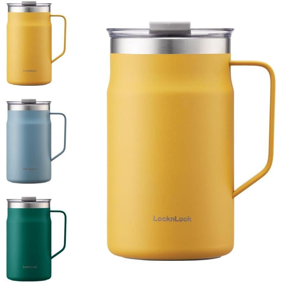 image:imageLocknLock Metro Mug Premium 188 Stainless Steel Metal Double Wall Insulated Portable Coffee Cup with Lid and Handle for Hot and Cold Drinks Mint 16 ozYellow