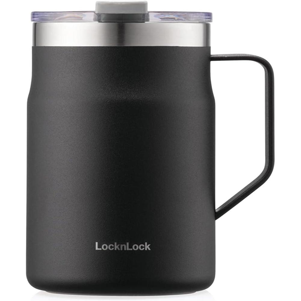 image:imageLocknLock Metro Mug Premium 188 Stainless Steel Metal Double Wall Insulated Portable Coffee Cup with Lid and Handle for Hot and Cold Drinks Mint 16 ozBlack