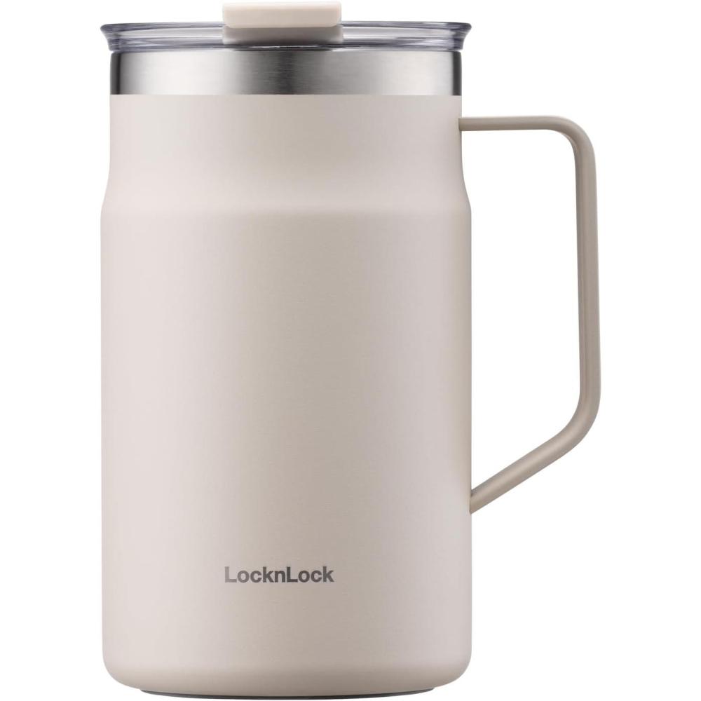 image:imageLocknLock Metro Mug Premium 188 Stainless Steel Metal Double Wall Insulated Portable Coffee Cup with Lid and Handle for Hot and Cold Drinks Mint 16 ozIvory