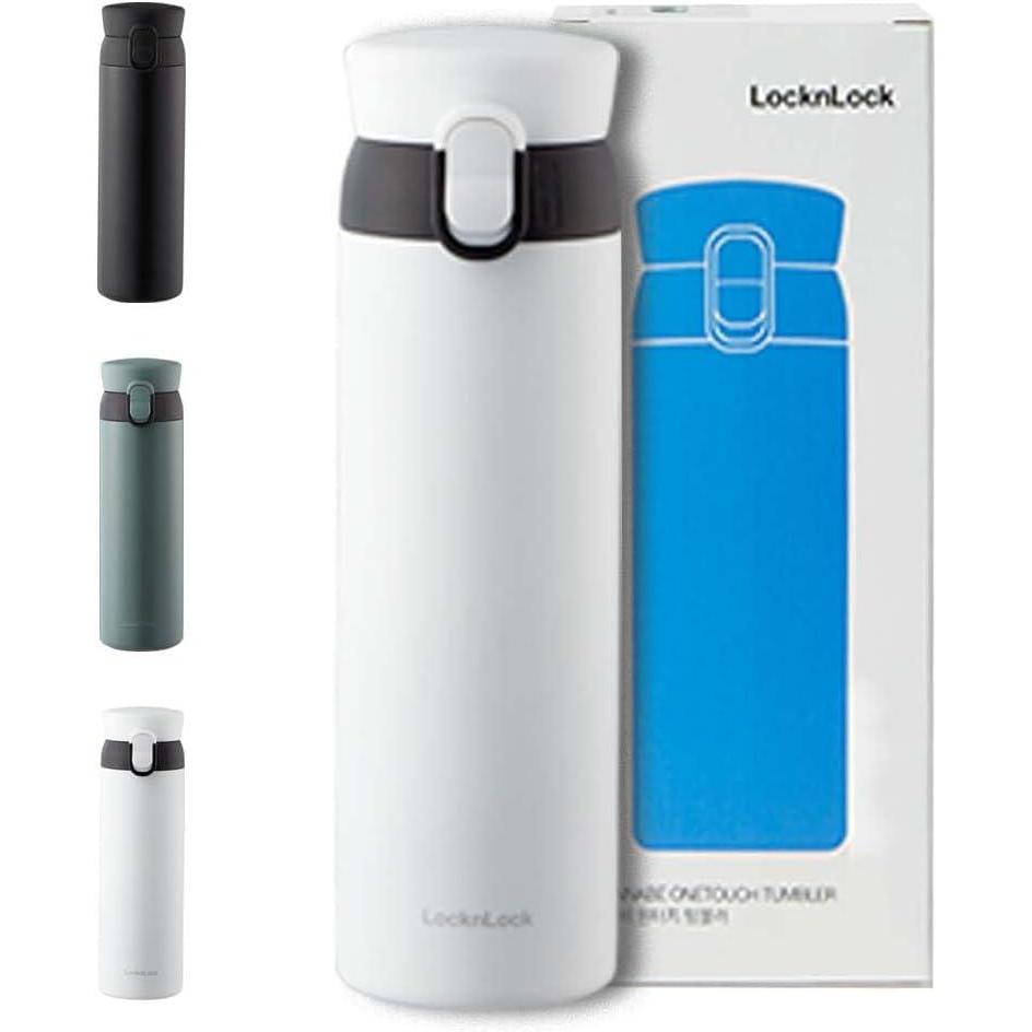 image:imageLocknLock WannaBe Tumbler Khaki 15oz BPAFree Double Wall Stainless Steel Vacuum Insulated Tumbler with One Touch Lid Lightweight Travel Mug for Coffee Tea and WaterWhite